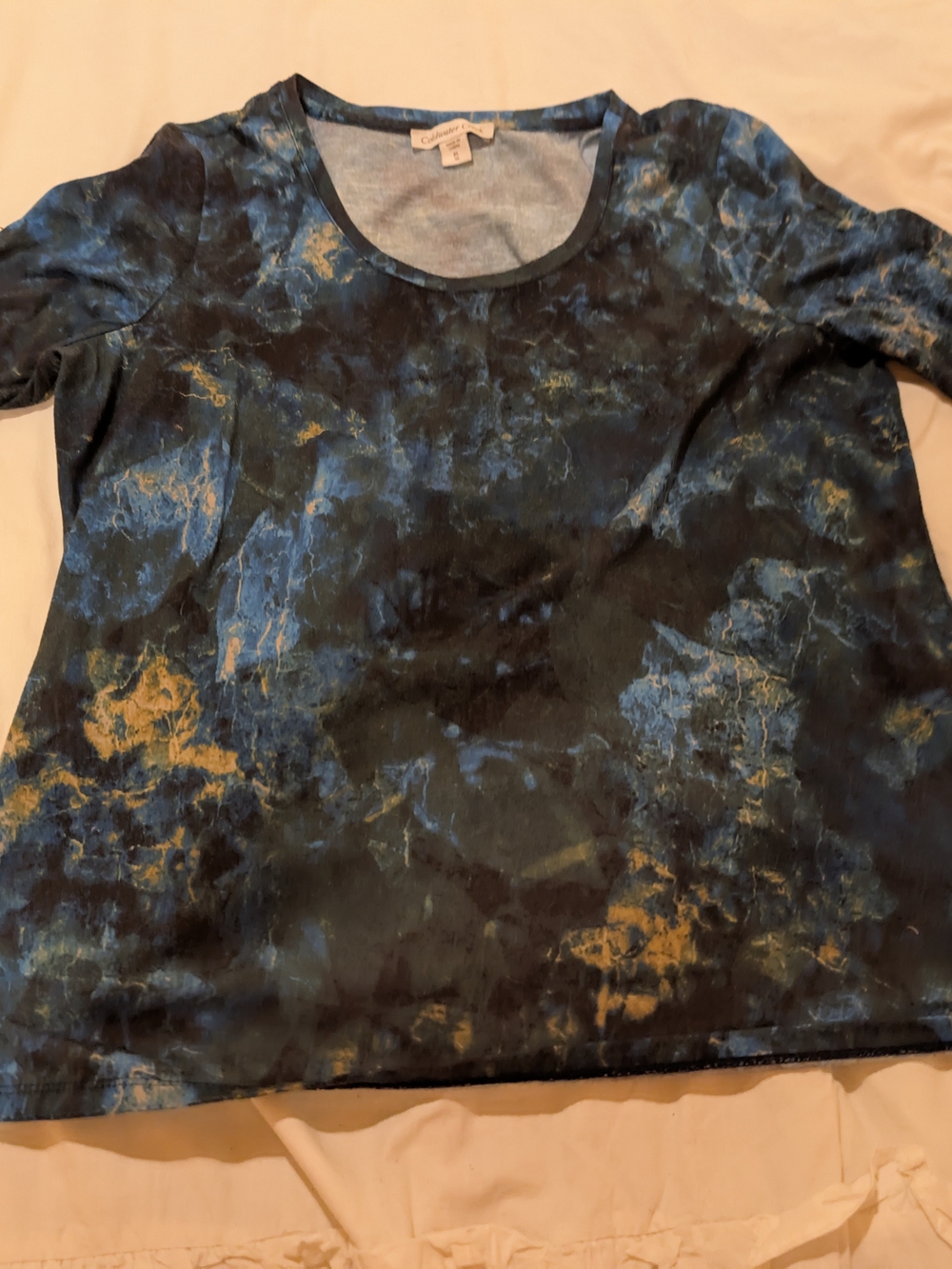 Coldwater Creek Blue and Gold Marble-Effect Scoop Neck Top